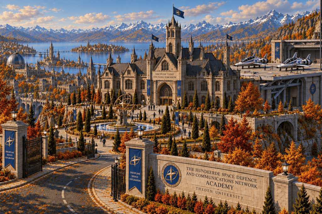 A picturesque view of The Hunderder Space Defence and Communications Network Academy, featuring a grand building surrounded by autumn foliage, a central fountain, and decorative statues. The scene includes mountains in the background and futuristic aircraft on a roof terrace, with students and visitors walking around the campus.