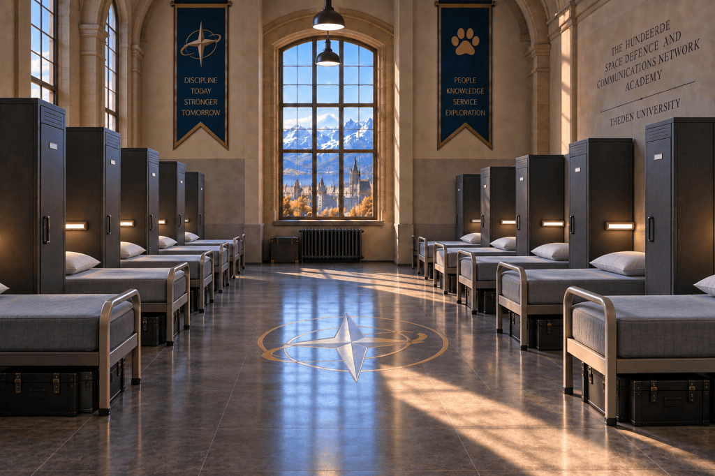 Interior of a dormitory with rows of beds and storage lockers, large windows revealing a mountain view, banners on the walls featuring the words 'Discipline Today Stronger Tomorrow' and 'People Knowledge Service Exploration' at Theden University.