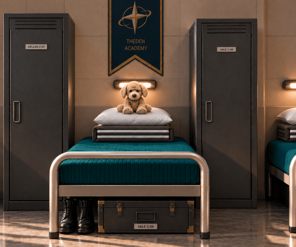 A dormitory room at Theden Academy featuring two beds with teal bedding, one adorned with a plush dog toy and stacked pillows. Beside the beds are two lockers labelled 'KELLER C-07' and 'VALE C-08', and a pair of black boots placed in front.