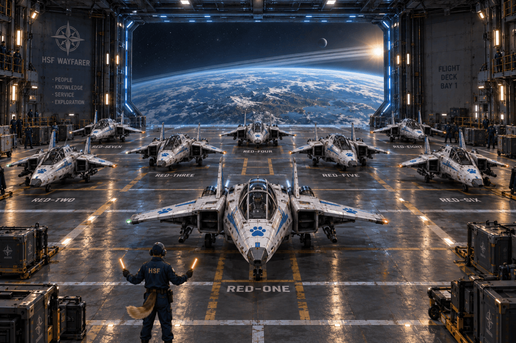 A futuristic flight deck with multiple advanced spacecraft arranged in a hangar, featuring a view of Earth from space in the background. Crew members are seen preparing for a mission, with the title 'HSF Wayfarer' prominently displayed.