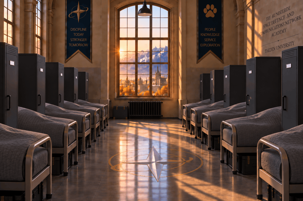 An interior view of a dormitory with metal-frame beds and lockers, illuminated by sunlight streaming through large windows. The walls feature banners with educational mottos and a view of mountains in the distance.
