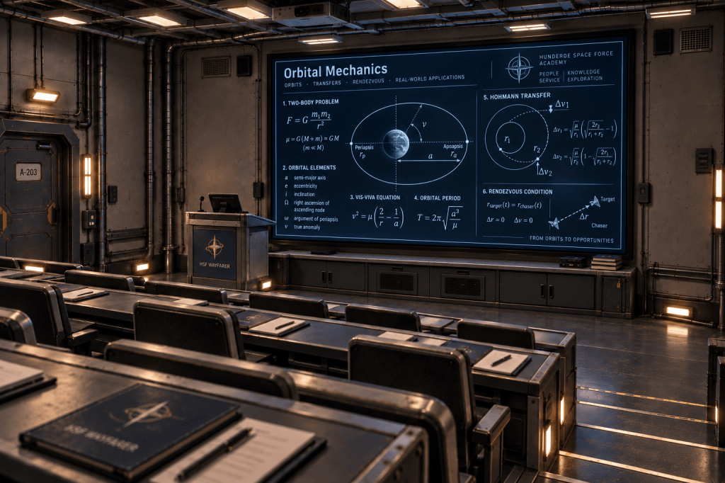 An interior classroom setting featuring a large display screen showing detailed graphs and equations related to orbital mechanics. Desks are arranged in rows, with a lectern in front, and the room has a high-tech, industrial aesthetic.