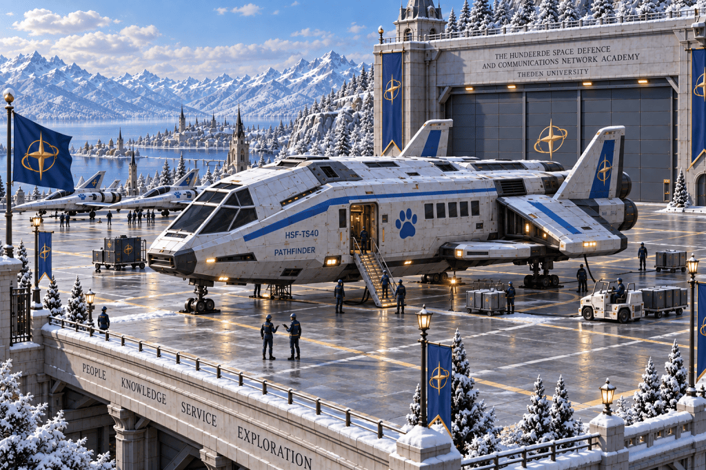 A futuristic spacecraft named HSF-TS40 Pathfinder is parked at a snowy space academy, surrounded by military personnel and vehicles. The background features snow-capped mountains and a calm lake, with a flag displaying a star emblem.