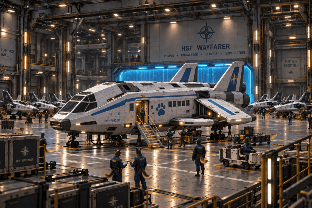 A futuristic spacecraft named 'HSF-TS40 Pathfinder' is stationed in a large hangar, surrounded by workers in blue uniforms and robotic equipment. The hangar features advanced technology and numerous aircraft, all under bright lighting and a prominently displayed 'HSF Wayfarer' insignia.