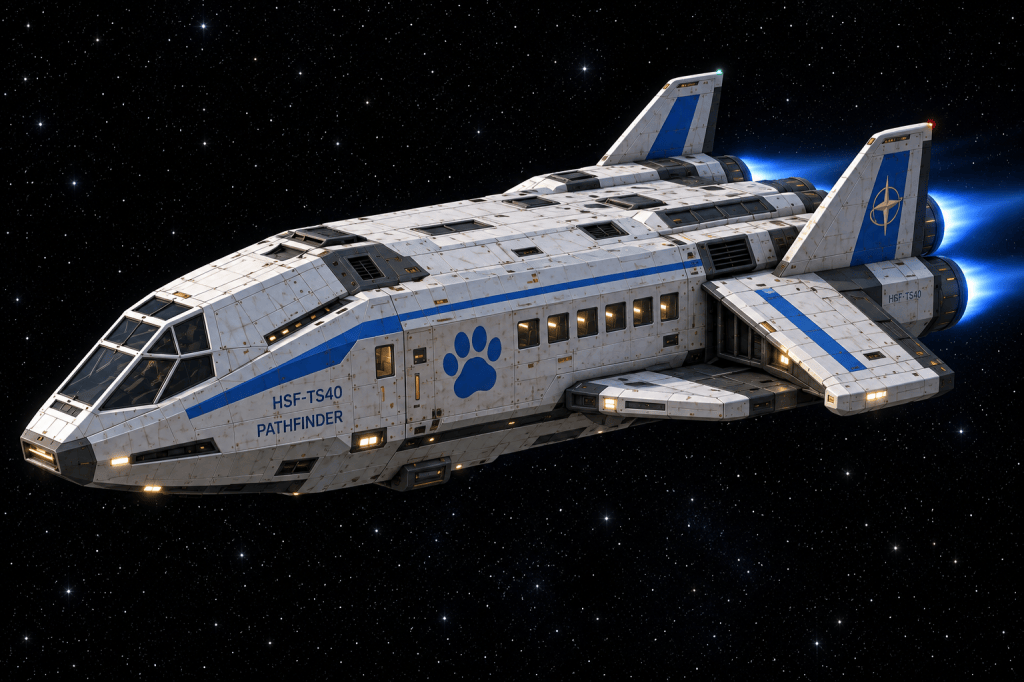 A futuristic spaceship named HSF-T540 Pathfinder, featuring a sleek design with blue accents and a paw print emblem, set against a starry background.