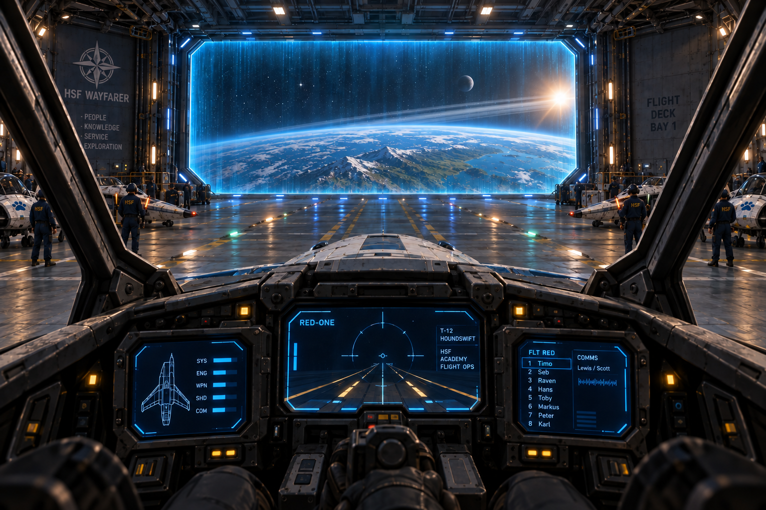 Interior view of a futuristic spacecraft cockpit with digital displays showing flight information, overlooking a large holographic screen depicting Earth and a distant planet in a space hangar.