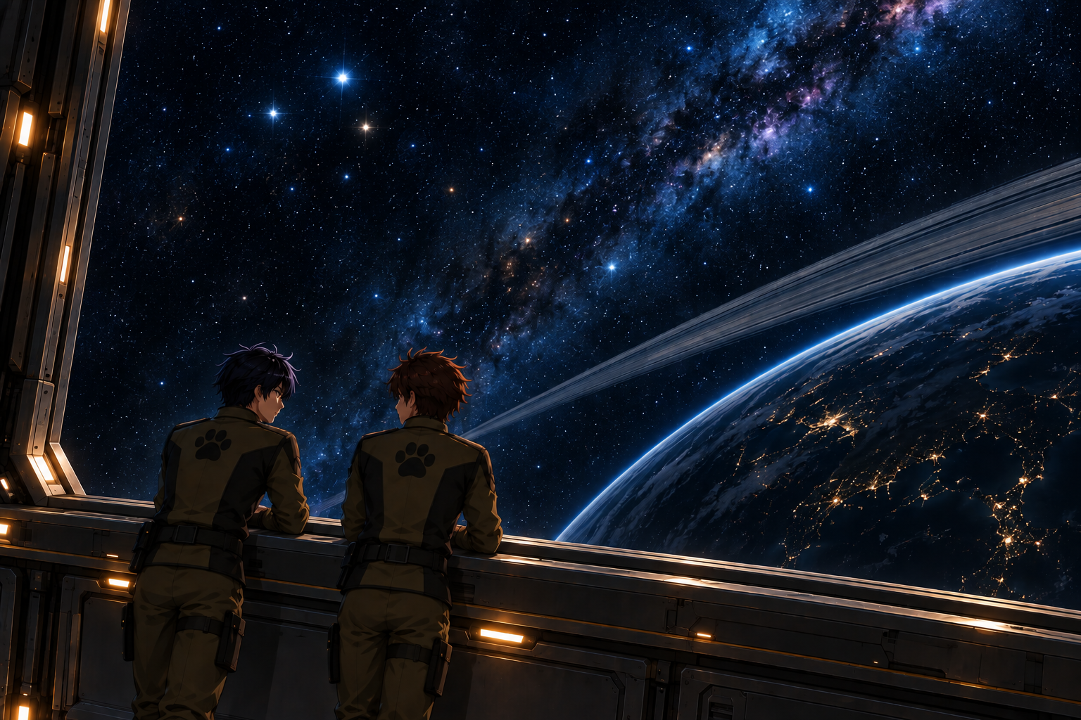 Two characters in space suits overlooking a vibrant galaxy with a distant planet and its rings, set against a starry backdrop.