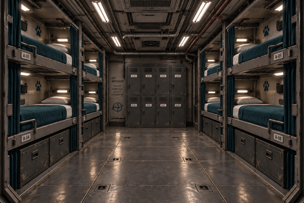 Interior view of a futuristic dormitory with metal bunk beds, teal bedding, and grey lockers, featuring numbered beds and paw prints on the walls.