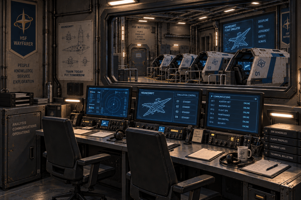 A futuristic control room for a flight simulator, featuring multiple screens displaying flight data and controls. The room includes a central console with chairs, documents, and a coffee mug. In the background, there are simulator pods numbered 01 to 04, along with motivational posters about discipline and safety.
