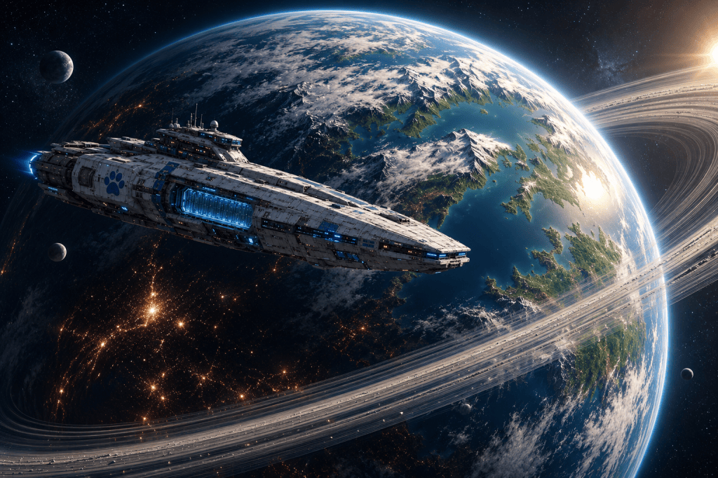 A futuristic spaceship flying near a vibrant planet with rings and mountainous terrain, set against a backdrop of stars and other celestial bodies.