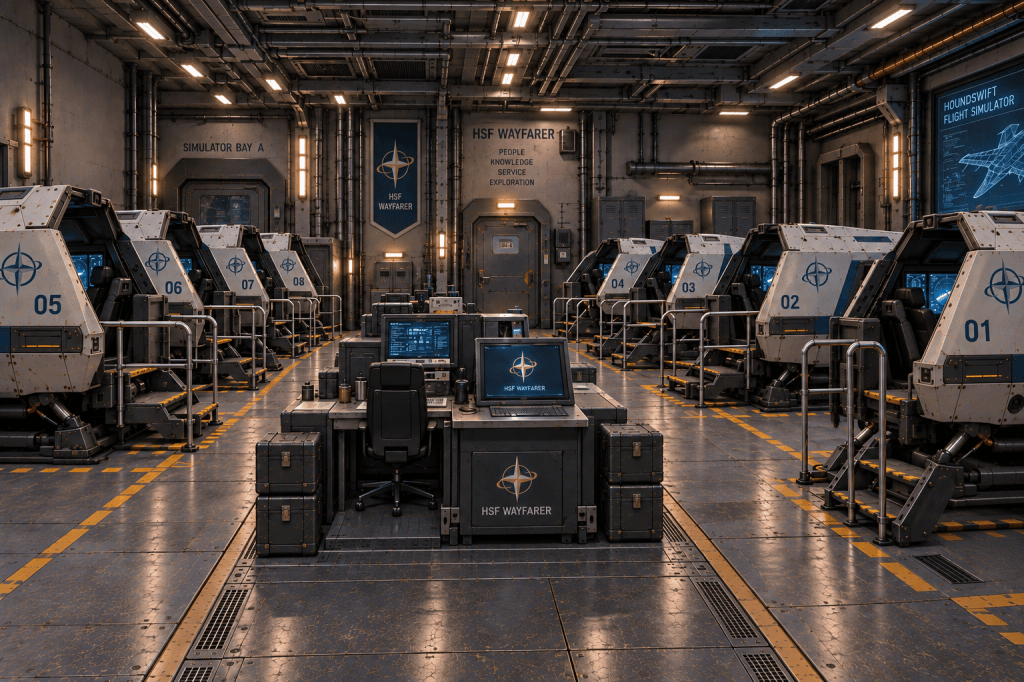 A futuristic simulator bay featuring multiple flight simulation pods, a central control desk with monitors, and industrial-style interior design.